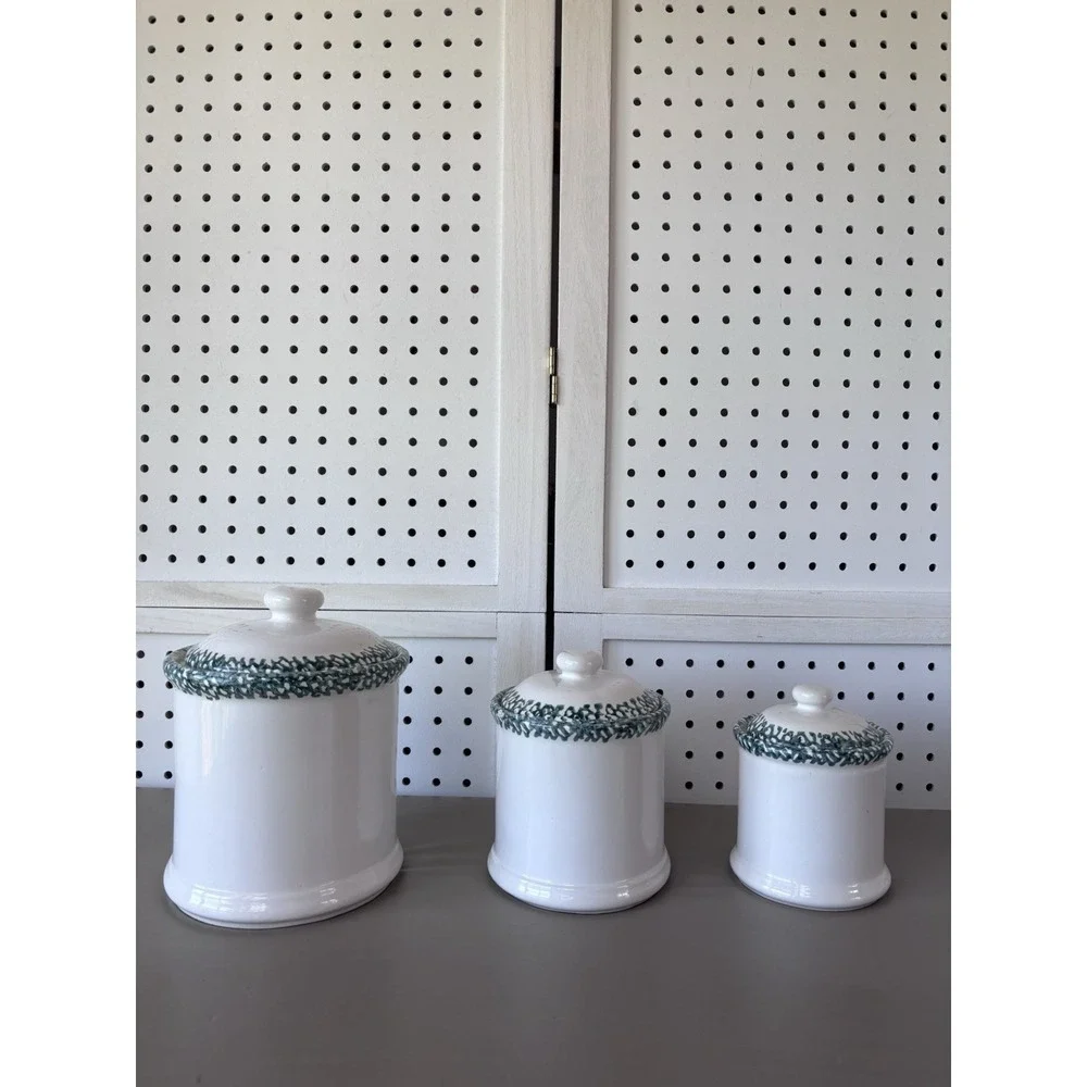 Corelle‎ Canister Set 3pc Green Hearts Sponge Ceramic Farmhouse Cottagecore